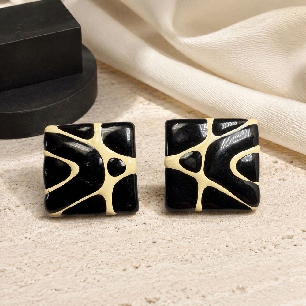 Vintage 1980s Black Cream Geometric Square Stud Earrings Abstract Statement